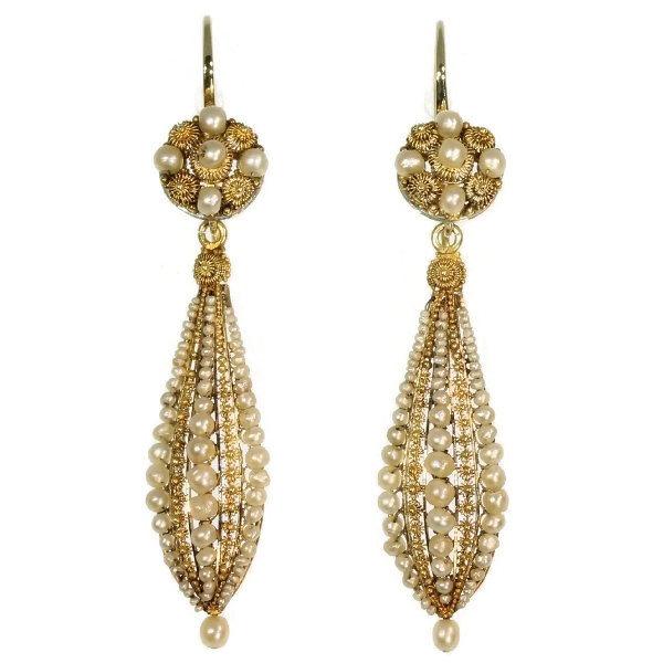 Long pendant antique earrings with filigree work and seed pearls